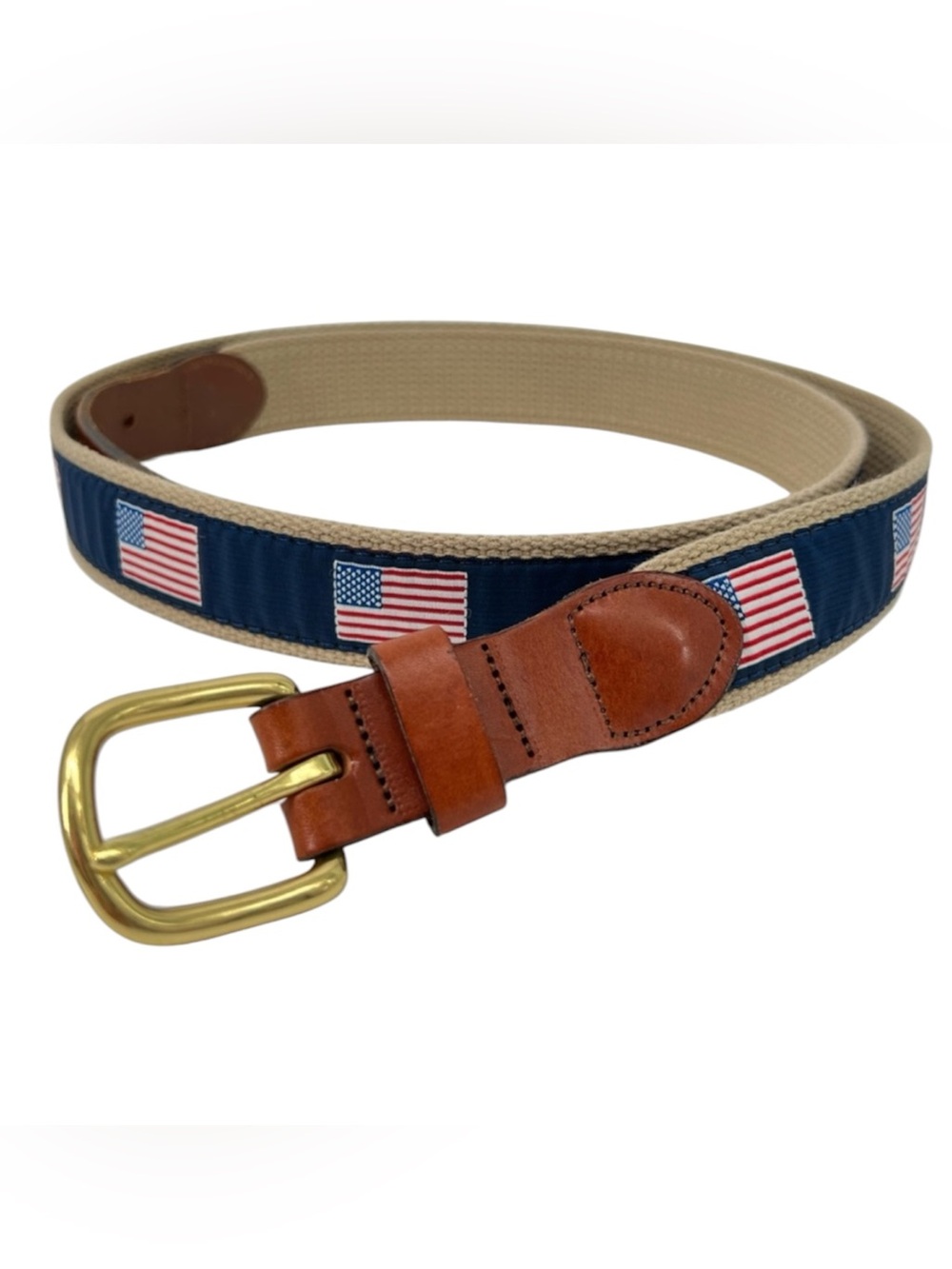 Men's Navy American Flag Ribbon Canvas Belt Brown Leather Man Ltd Top Grain 46